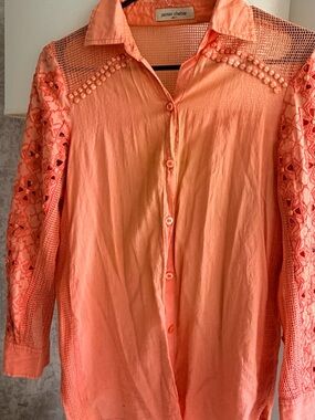 Jazmin Chebar Coral Lace-Sleeve Button Down Shirt